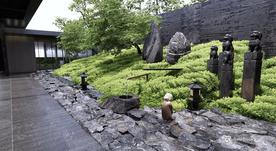 Tranquil Courtyard Garden With Green Plants Stones Path Lanterns Statues And Black Wall 3d model 