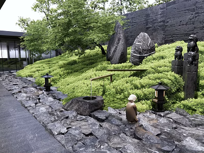 Tranquil Courtyard Garden With Green Plants Stones Path Lanterns Statues And Black Wall 3d model
