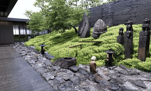 New Chinese Landscape Sketches Courtyard Sketches Landscape Stone Zen Sketches Flowing Water Bowl Flowers and Grass Green Plant Tether Horse Pillar 3d model