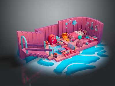 3D Pink Room Scenic Landscape With Ocean Elements Furniture And Decorations 3d model
