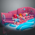 3D Pink Room Scenic Landscape With Ocean Elements Furniture And Decorations