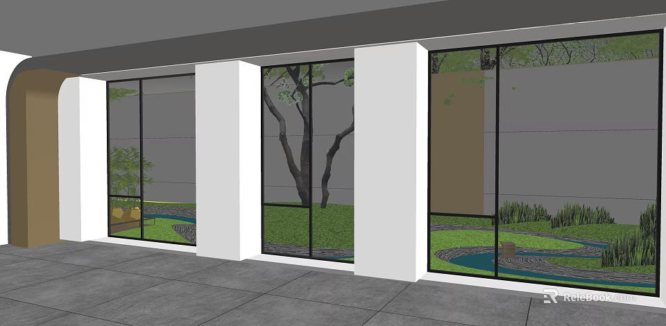 Large Windows View Of Outdoor Courtyard Garden With Tree Grass And Small Pond 3d model 