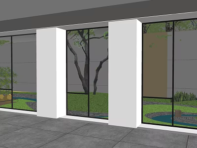 Large Windows View Of Outdoor Courtyard Garden With Tree Grass And Small Pond 3d model
