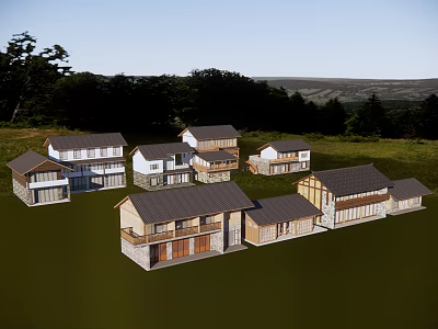 Traditional And Modern Residential Houses Set In Green Landscape With Trees And Mountain View 3d model