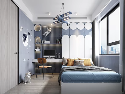 Kids Room Interior With Blue Bed Space Decorations Study Desk Airplane Chandelier And Large Window 3d model
