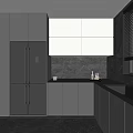 Modern Kitchen Interior With Black Double Door Refrigerator Gray White Cabinets Black Countertop And Lighting