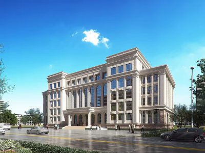 Classical Modern Office Building with Symmetrical Design Large Windows Stone Facade Trees Road and Cars 3d model