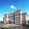 Classical Modern Office Building with Symmetrical Design Large Windows Stone Facade Trees Road and Cars