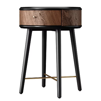 Modern Wooden Bedside Table With Black Metal Legs And Golden Cross Support 3d model