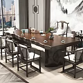 Chinese Style Tea Table and Chairs with Mountain Painting Backdrop and Tea Sets