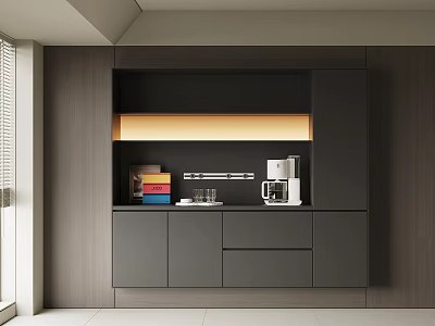 Modern Dark Sideboard With LED Strip Light Coffee Machine Cups And Colorful Boxes Interior 3d model