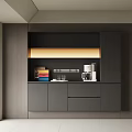 Modern Dark Sideboard With LED Strip Light Coffee Machine Cups And Colorful Boxes Interior