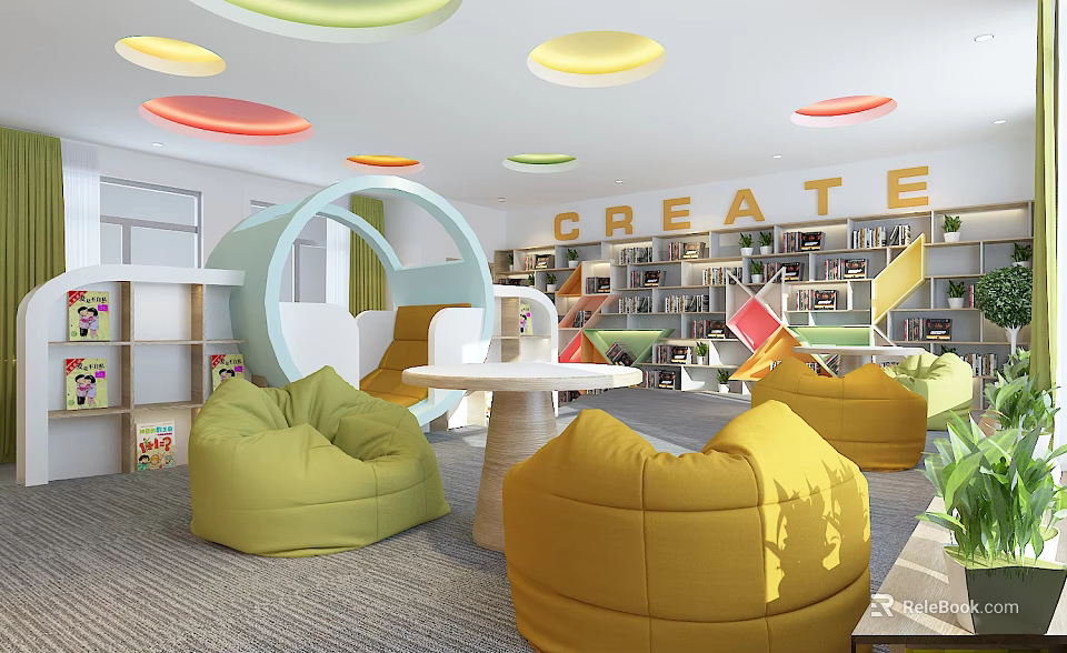 Vibrant Kids Activity Room With Colorful Pendant Lights Bean Bags Bookshelves And CREATE Lettering 3d model 