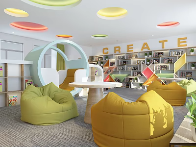 Vibrant Kids Activity Room With Colorful Pendant Lights Bean Bags Bookshelves And CREATE Lettering 3d model