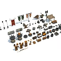 Medieval Weapons Collection Featuring Swords Axes Shields Flags Tents Barrels And Tools 3d model