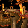 Architectural Structure With Octagonal Platform Arched Supports Red Lava Floor And Suspended Pillars