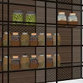 Spice Jars With Lids Arranged On Multiple Layers Metal Frame Wooden Backboard Kitchen Shelf