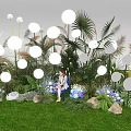 Instagrammable Outdoor Check-in Spot with White Round Decor Palm Leaves and Reflective Grass Area