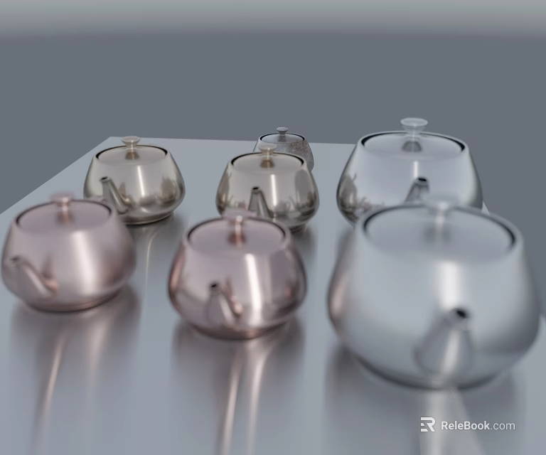 Modern Metallic Tea Set Collection With Various Colors On Sleek Tabletop 3d model