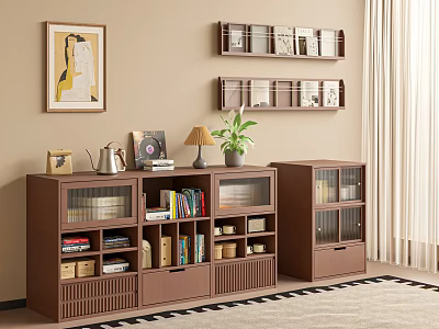 Warm Wooden Bookcase With Glass Doors Books Decorations Table Lamp Green Plant And Wall Shelves 3d model