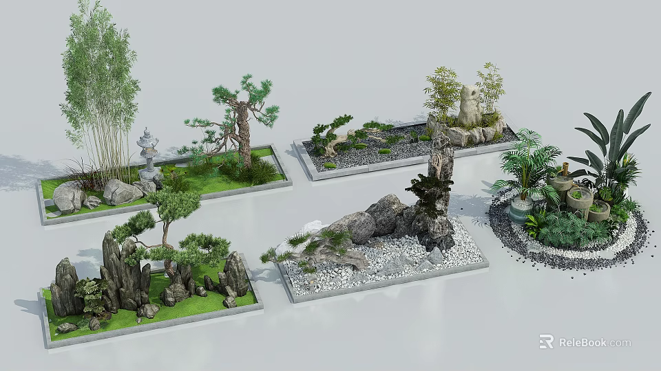 Creative Small Garden Landscapes With Pine Trees Rock Formations And Green Plants 3d model 