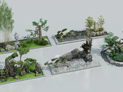 Creative Small Garden Landscapes With Pine Trees Rock Formations And Green Plants 3d model