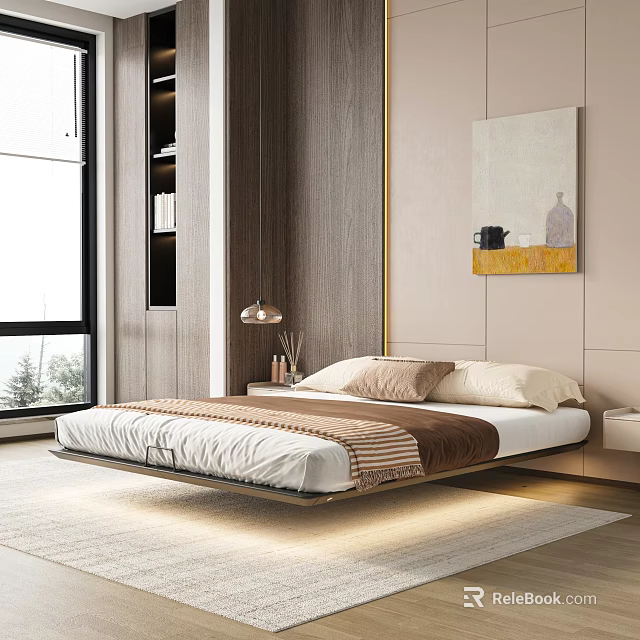 Modern Minimalist Bedroom Interior With Floating Bed Striped Bedspread Pillows Table Lamp And Wall Painting 3d model 