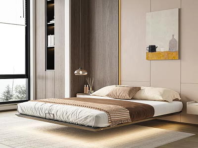 Modern Minimalist Bedroom Interior With Floating Bed Striped Bedspread Pillows Table Lamp And Wall Painting 3d model