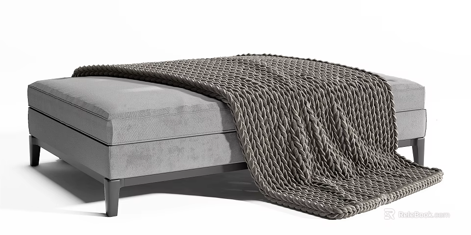 Soft Gray Fabric Ottoman With Textured Knitted Blanket For Living Room 3d model 