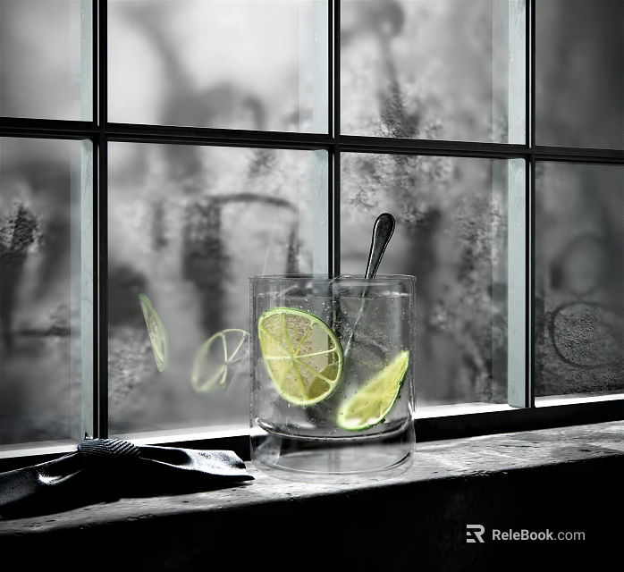 Refreshing Glass Of Beverage With Lime Slices Ice Cubes On Window Sill In Natural Light 3d model 