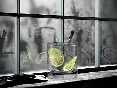 Refreshing Glass Of Beverage With Lime Slices Ice Cubes On Window Sill In Natural Light 3d model