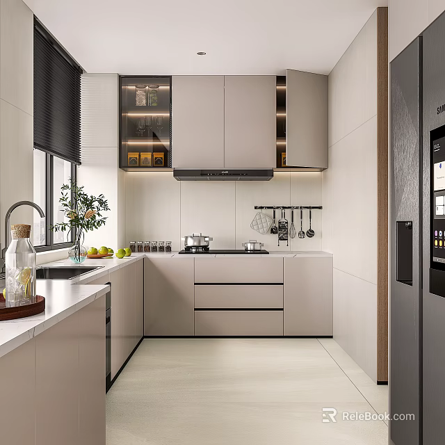 Modern Kitchen Interior Design With Light Gray Cabinets Sink Range Hood Window Fruits And Refrigerator 3d model 