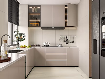 Modern Kitchen Interior Design With Light Gray Cabinets Sink Range Hood Window Fruits And Refrigerator 3d model