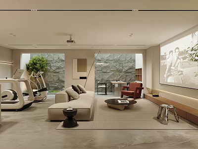Basement Interior Design Featuring Fitness Equipment Sofa Large Screen TV Stone Wall And Green Plant 3d model