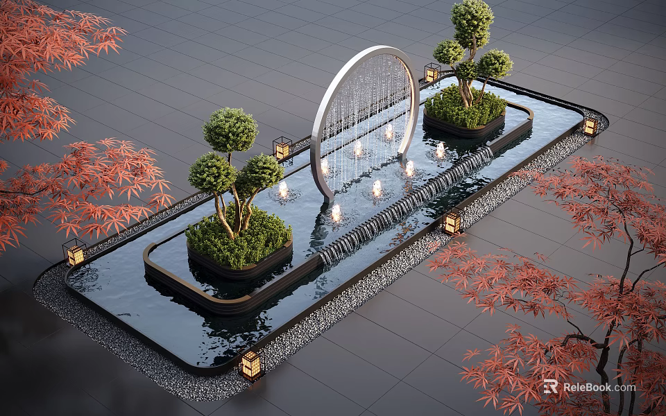 Outdoor Water Fountain Pool Adorned With Circular Arch Green Trees Red Maple Leaves And Lighting 3d model 