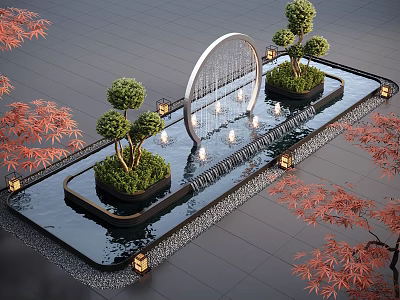 Outdoor Water Fountain Pool Adorned With Circular Arch Green Trees Red Maple Leaves And Lighting 3d model