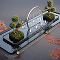Outdoor Water Fountain Pool Adorned With Circular Arch Green Trees Red Maple Leaves And Lighting