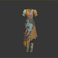Man wearing colorful patchwork dress with orange pink blue gray irregular hem and striped socks