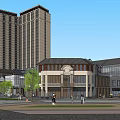 Traditional Modern Commercial Street With Multi storey Buildings Green Spaces And Pedestrian Plaza
