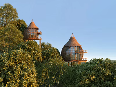 Scenic Wooden Treehouses With Domed Roofs And Balconies Amidst Lush Green Foliage 3d model