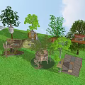 Multiple Wooden Treehouse Villas on Green Grassland With Platforms and Trees