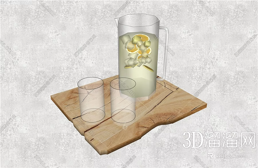 Refreshing Fruit Flower Infused Drink in Transparent Pitcher with Wooden Tray and Glass Cups 3d model 