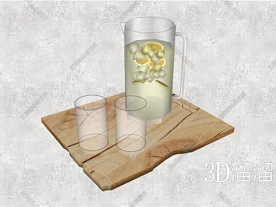 Refreshing Fruit Flower Infused Drink in Transparent Pitcher with Wooden Tray and Glass Cups 3d model