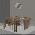 Modern Wooden Dining Table And Chair Set With Black Cushions And Pendant Light