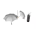 Gray Umbrellas With Wooden Handles Open And Folded In Black Stand