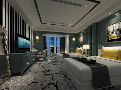 Dark Green Hotel Guest Room Interior With Double Beds TV Yellow Pillows And Carpet 3d model
