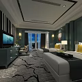 Dark Green Hotel Guest Room Interior With Double Beds TV Yellow Pillows And Carpet