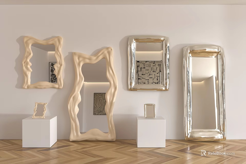 Artistic Shaped Mirrors With Gold Silver Frames On White Pedestals And Herringbone Wood Floor 3d model 