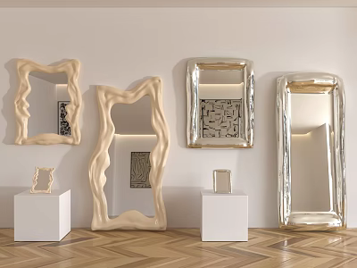 Artistic Shaped Mirrors With Gold Silver Frames On White Pedestals And Herringbone Wood Floor 3d model