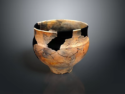 Ancient Hand Carved Pottery Bowl Featuring Cracked Texture And Broken Edges 3d model